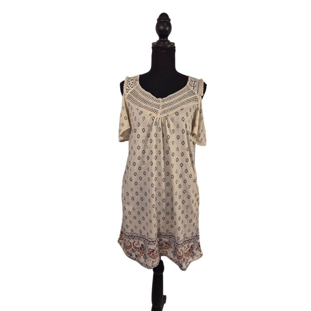 Absolutely Famous Women's Mini Dress Size S Beige Cold Shoulder Boho Lace